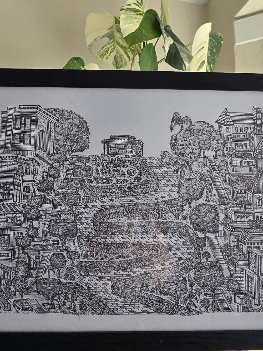 San Francisco art framed original Hand drawing. 02 Lombard street